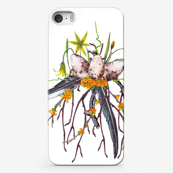 Чехол iPhone «Лесная цветочная композиция с яйцами и перьями ласточки Весенние первоцветы»