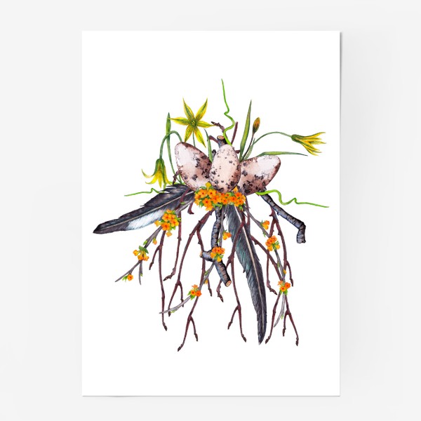 Постер «Лесная цветочная композиция с яйцами и перьями ласточки Весенние первоцветы»