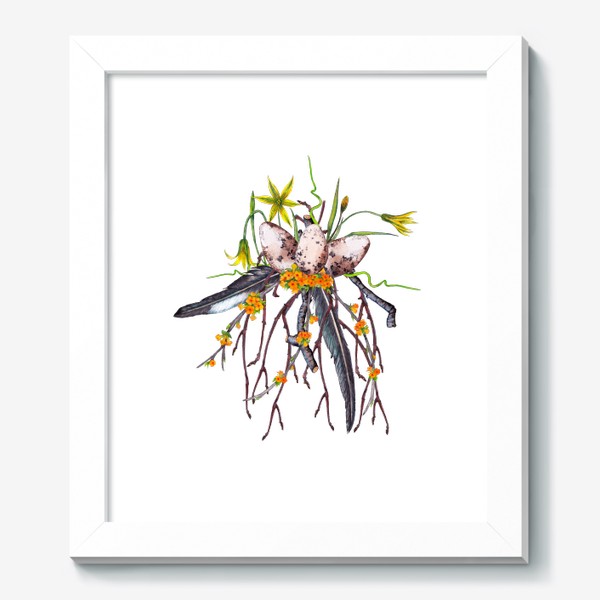 Картина «Лесная цветочная композиция с яйцами и перьями ласточки Весенние первоцветы»
