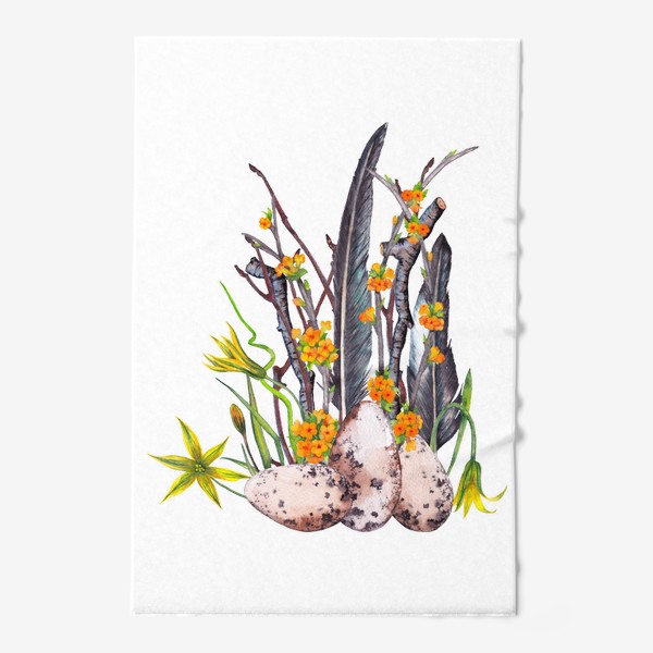 Полотенце «Лесная весенняя цветочная композиция с яйцами и перьями ласточки Пасха»