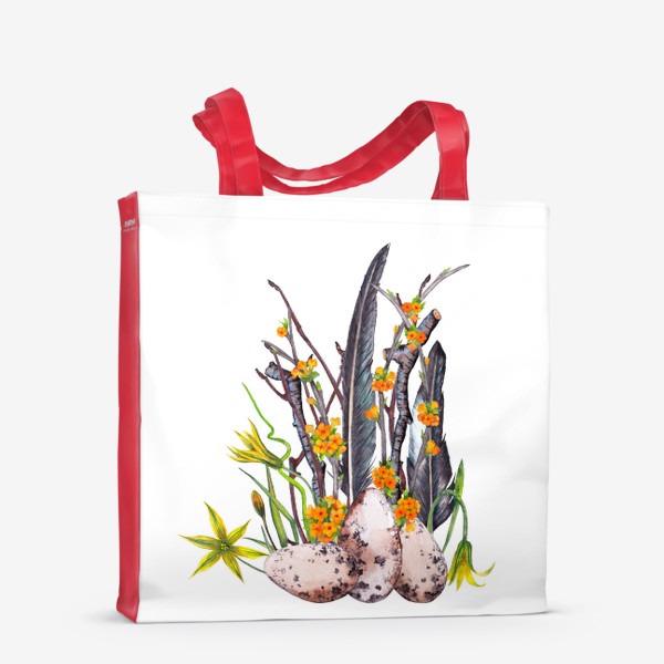 Сумка-шоппер «Лесная весенняя цветочная композиция с яйцами и перьями ласточки Пасха»