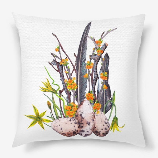 Подушка «Лесная весенняя цветочная композиция с яйцами и перьями ласточки Пасха»