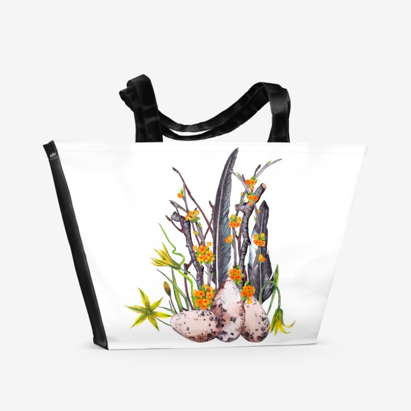 Пляжная сумка «Лесная весенняя цветочная композиция с яйцами и перьями ласточки Пасха»
