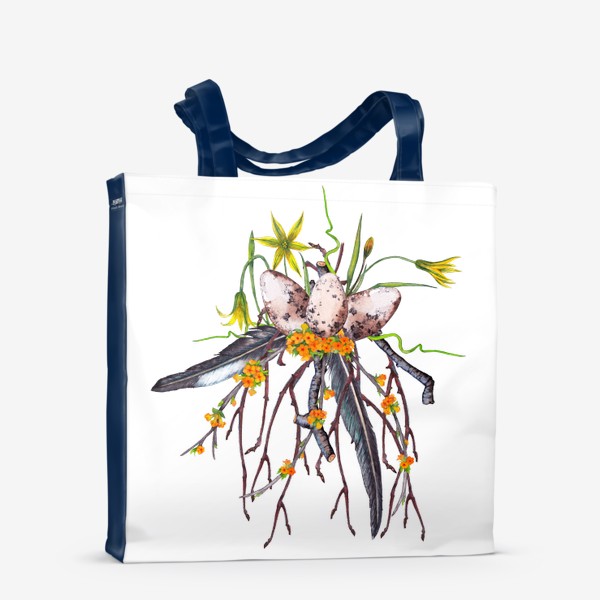 Сумка-шоппер «Лесная цветочная композиция с яйцами и перьями ласточки Весенние первоцветы»