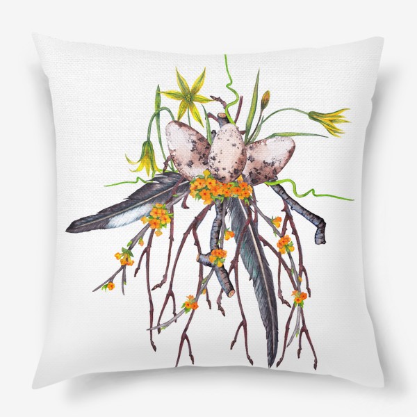 Подушка «Лесная цветочная композиция с яйцами и перьями ласточки Весенние первоцветы»