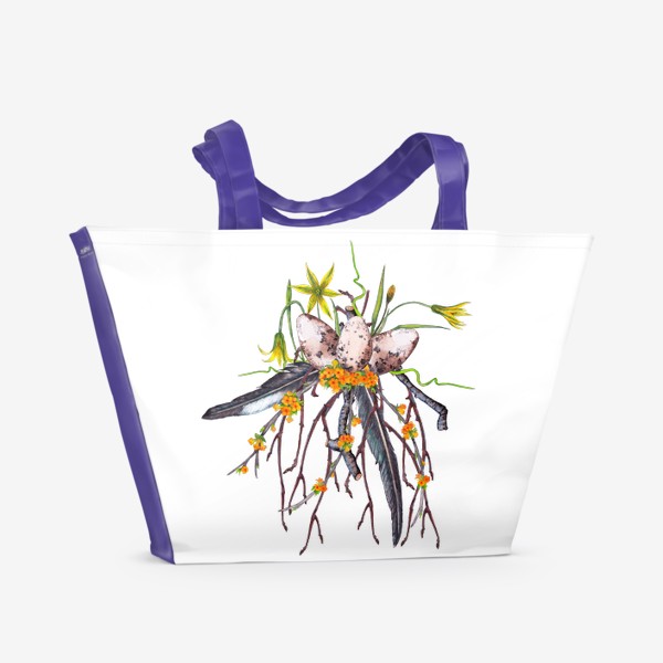 Пляжная сумка «Лесная цветочная композиция с яйцами и перьями ласточки Весенние первоцветы»