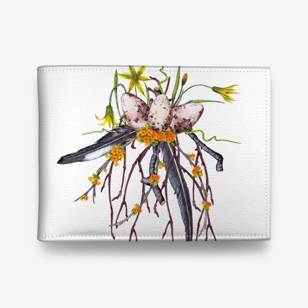 Кошелек &laquo;Лесная цветочная композиция с яйцами и перьями ласточки Весенние первоцветы&raquo;