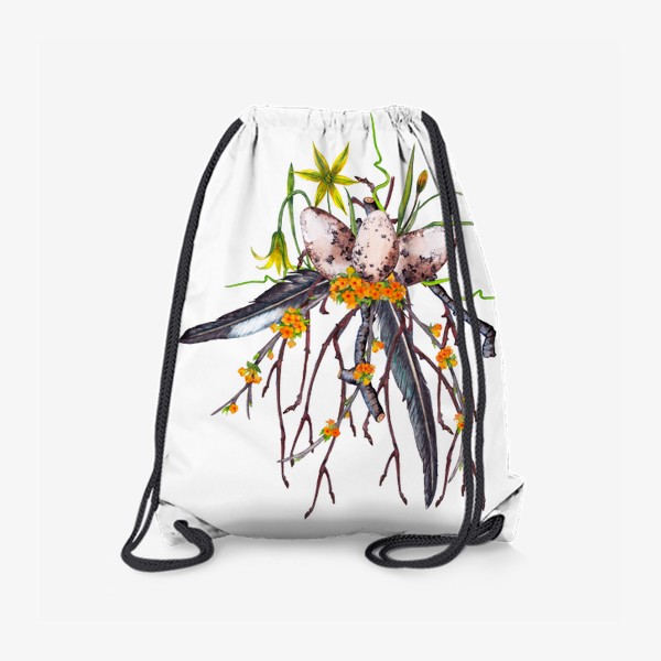 Рюкзак &laquo;Лесная цветочная композиция с яйцами и перьями ласточки Весенние первоцветы&raquo;