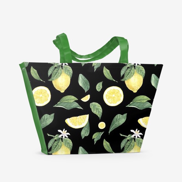 Пляжная сумка &laquo;Лимоны на черном. Цветок и лимон&raquo;