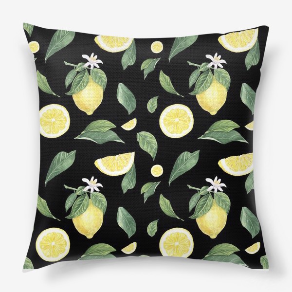 Подушка «Лимоны на черном. Цветок и лимон»