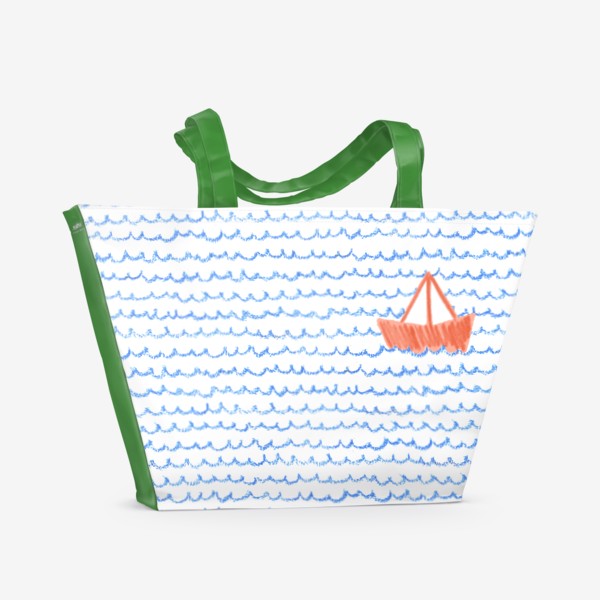 Пляжная сумка «Красный бумажный кораблик на волнах»
