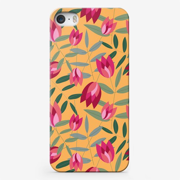Чехол iPhone «узор с розовыми тюльпанами на оранжевом фоне»