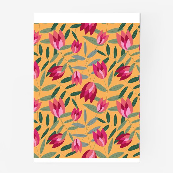 Постер «узор с розовыми тюльпанами на оранжевом фоне»