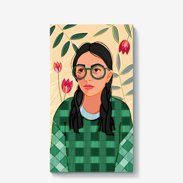 Холст «портрет девушки в больших очках и в зеленой клетчатой кофте»