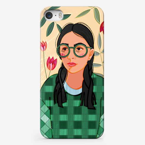Чехол iPhone «портрет девушки в больших очках и в зеленой клетчатой кофте»