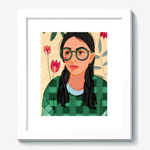 Картина «портрет девушки в больших очках и в зеленой клетчатой кофте»