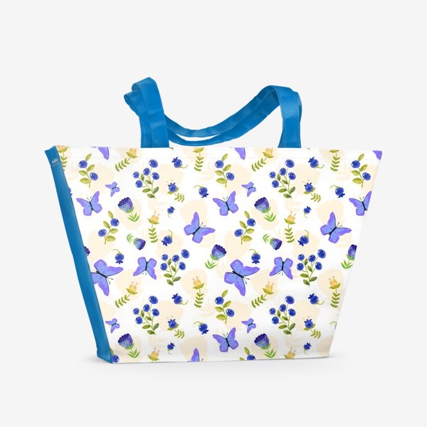Пляжная сумка «Бабочки и цветы. Синий и охристые цвета.»