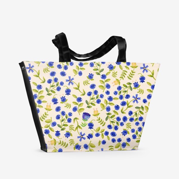 Пляжная сумка &laquo;Ягоды черники и цветы в лесу. Синий и охристые цвета.&raquo;