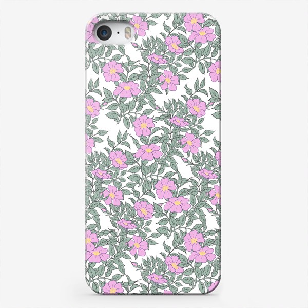 Чехол iPhone «Розовые цветы и ветки шиповника. Бесшовный паттерн»