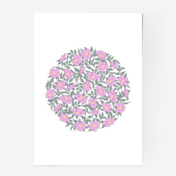 Постер «Розовые цветы и листья шиповника, Круг из цветов»