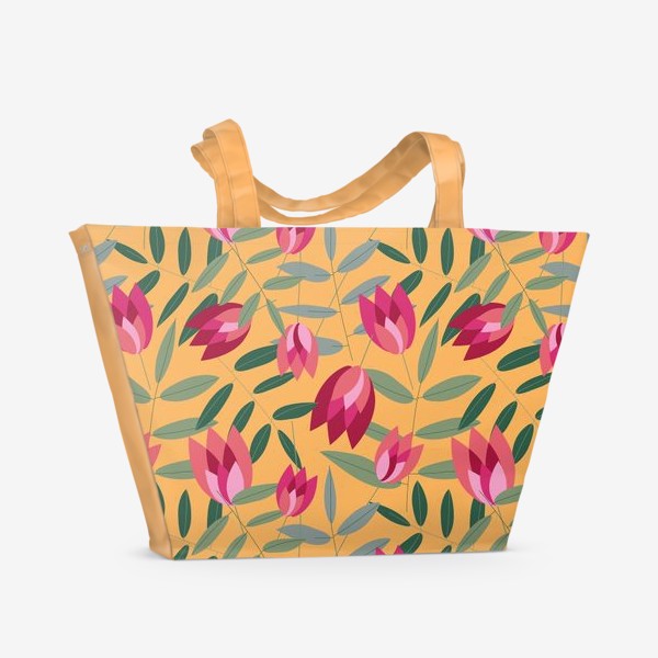 Пляжная сумка «узор с розовыми тюльпанами на оранжевом фоне»