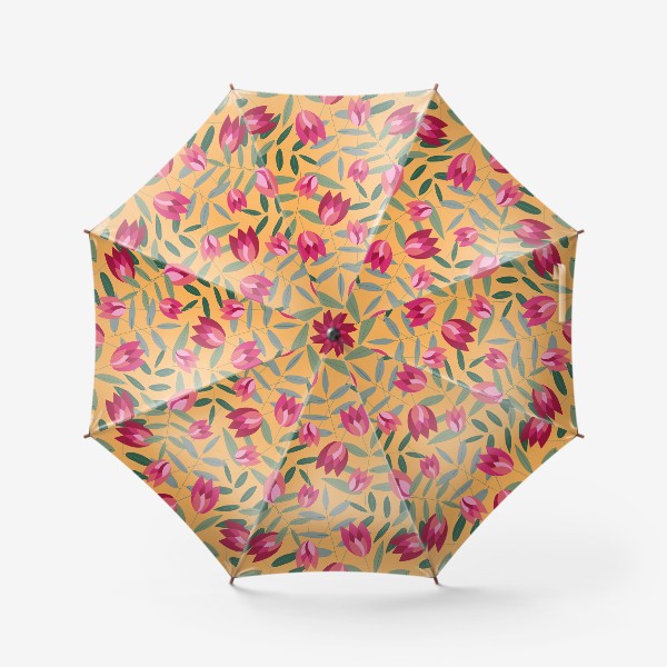 Зонт «узор с розовыми тюльпанами на оранжевом фоне»