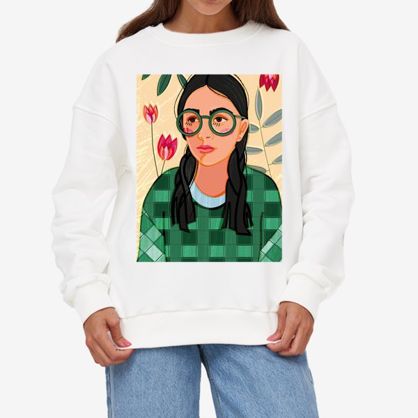 Свитшот «портрет девушки в больших очках и в зеленой клетчатой кофте»