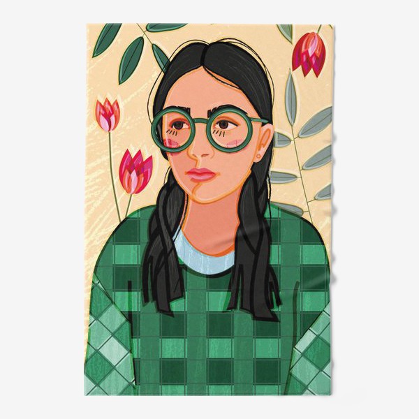 Полотенце «портрет девушки в больших очках и в зеленой клетчатой кофте»