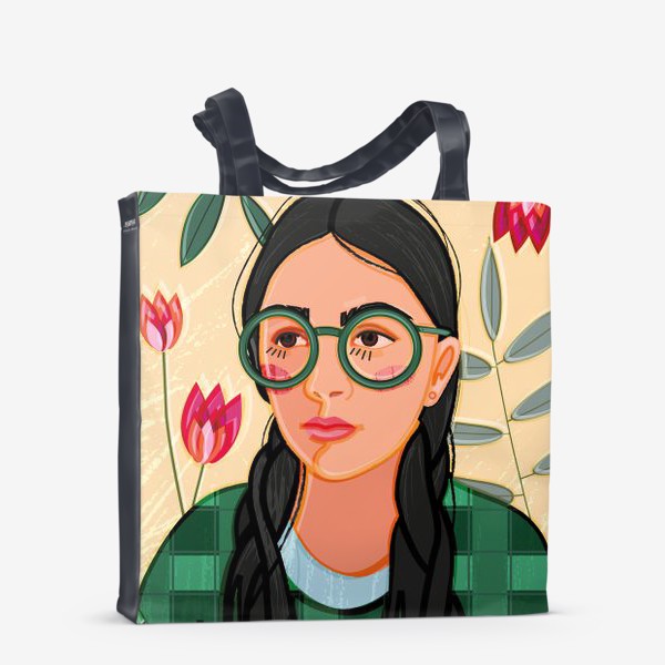 Сумка-шоппер «портрет девушки в больших очках и в зеленой клетчатой кофте»