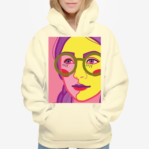 Худи «яркий интерьерный плакат с изображением женского лица в очках»