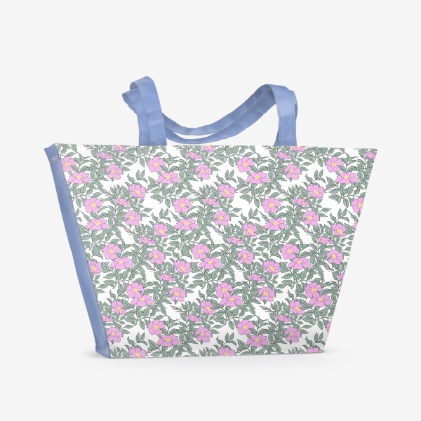 Пляжная сумка «Розовые цветы и ветки шиповника. Бесшовный паттерн»