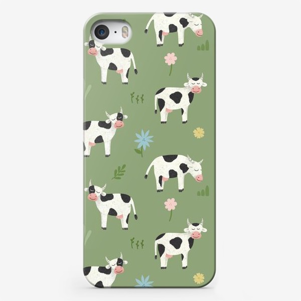 Чехол iPhone «Коровы на лугу Принт с коровами и цветами»