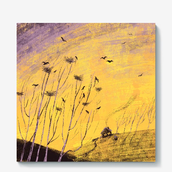 Холст «Утро на вороньих холмах, желто-фиолетовый пейзаж»