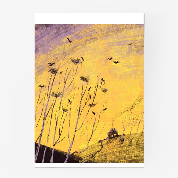Постер «Утро на вороньих холмах, желто-фиолетовый пейзаж»