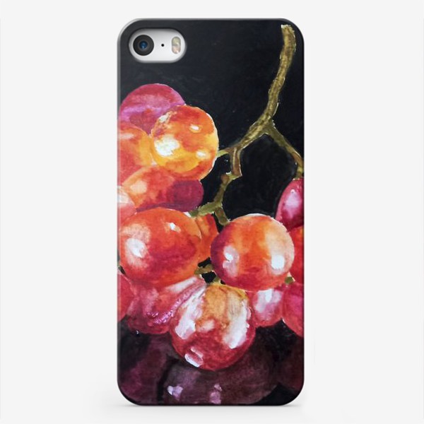 Чехол iPhone «Розовый виноград, акварель на черном фоне»