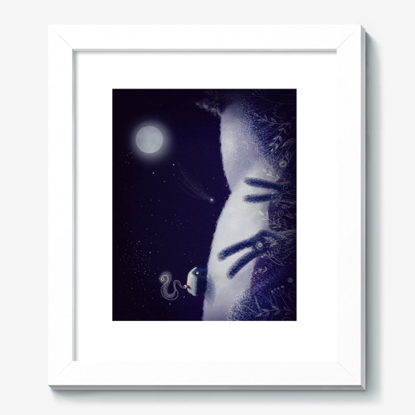 Картина «Тихая зимняя ночь. Домик, луна, снег и зайчики»