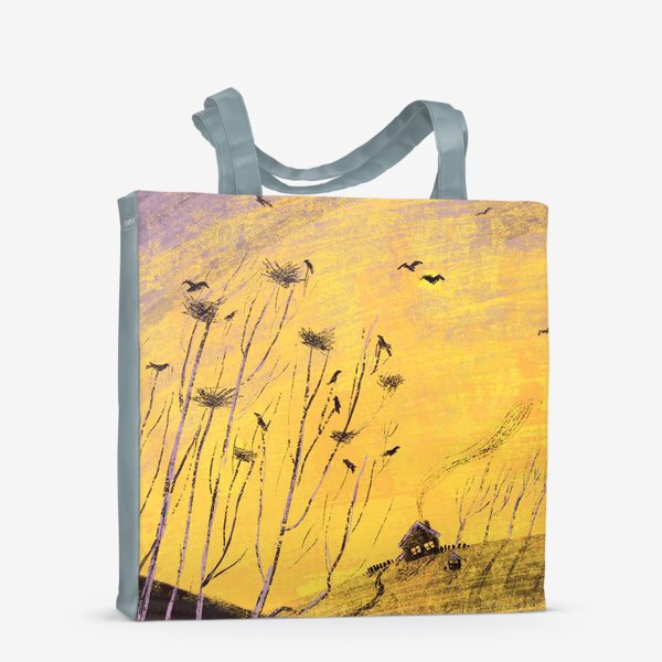 Сумка-шоппер «Утро на вороньих холмах, желто-фиолетовый пейзаж»