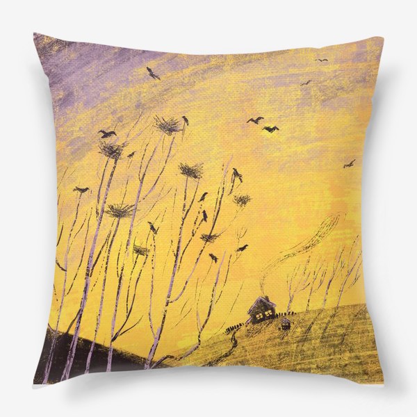 Подушка «Утро на вороньих холмах, желто-фиолетовый пейзаж»