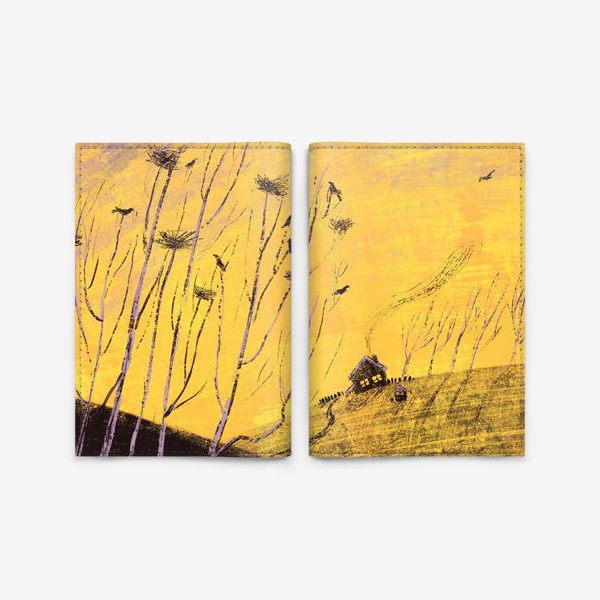 Обложка для паспорта «Утро на вороньих холмах, желто-фиолетовый пейзаж»