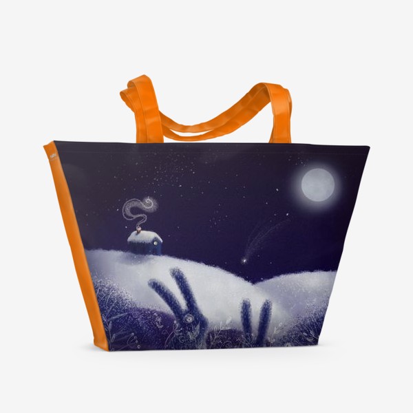 Пляжная сумка «Тихая зимняя ночь. Домик, луна, снег и зайчики»