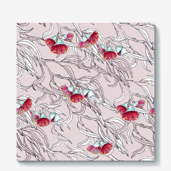 Холст «Ветки эвкалипта с цветами на розовом фоне»