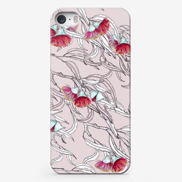 Чехол iPhone «Ветки эвкалипта с цветами на розовом фоне»