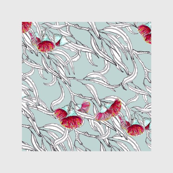 Шторы «Ветки эвкалипта с цветами на мятном фоне»