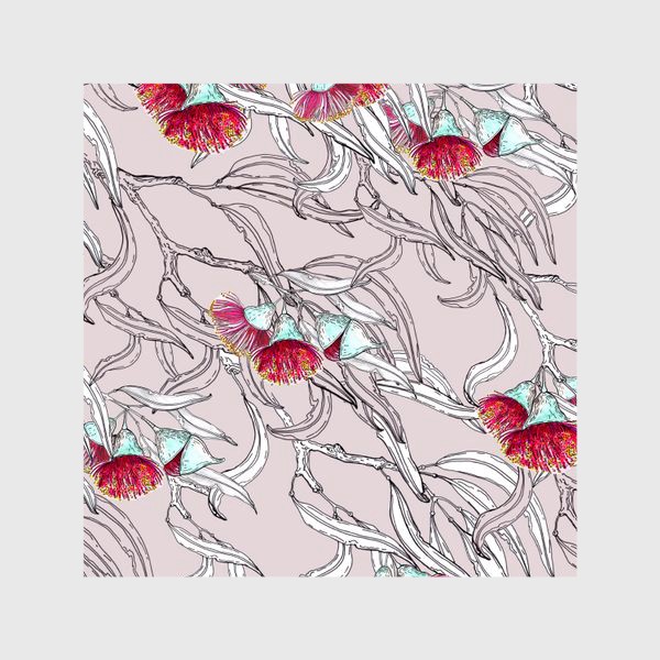 Шторы «Ветки эвкалипта с цветами на розовом фоне»