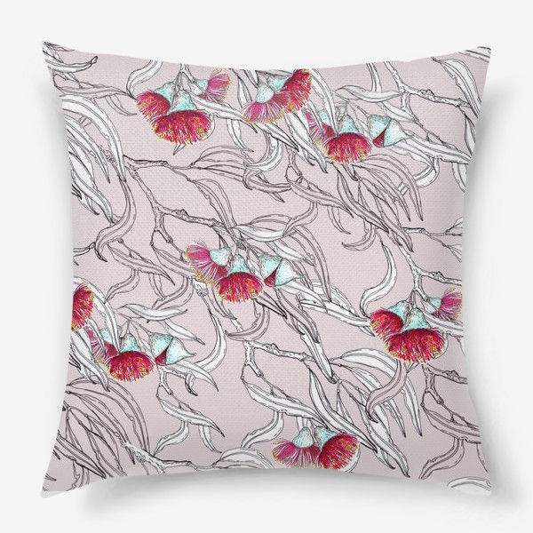 Подушка «Ветки эвкалипта с цветами на розовом фоне»