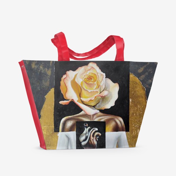 Пляжная сумка «Девушка с цветком - розой вместо головы, сердце и доспехи. »