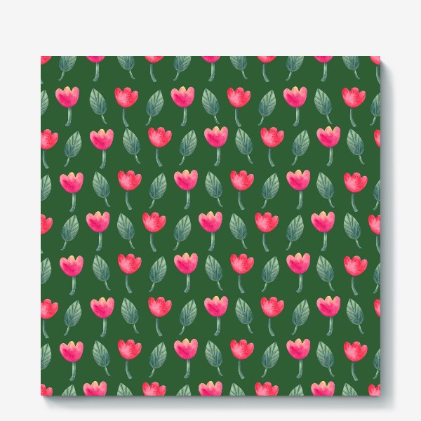 Холст «Розовые тюльпаны на зеленов фоне. Весенний паттерн»