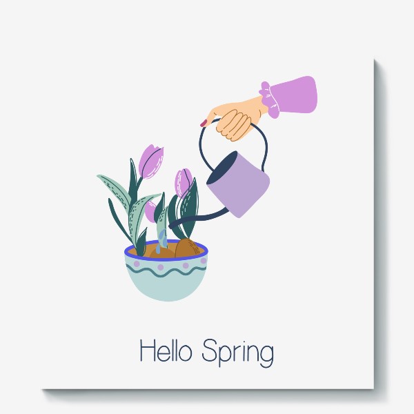 Холст «Hello Spring. Принт с весенни цветами и леттерингом»