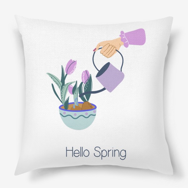 Подушка «Hello Spring. Принт с весенни цветами и леттерингом»