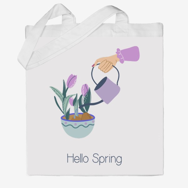 Сумка хб «Hello Spring. Принт с весенни цветами и леттерингом»